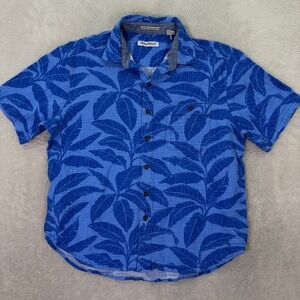 Tommy Bahama Men Medium Shirt Adult Blue Tropical Leaf Print Cotton Aloha Resort